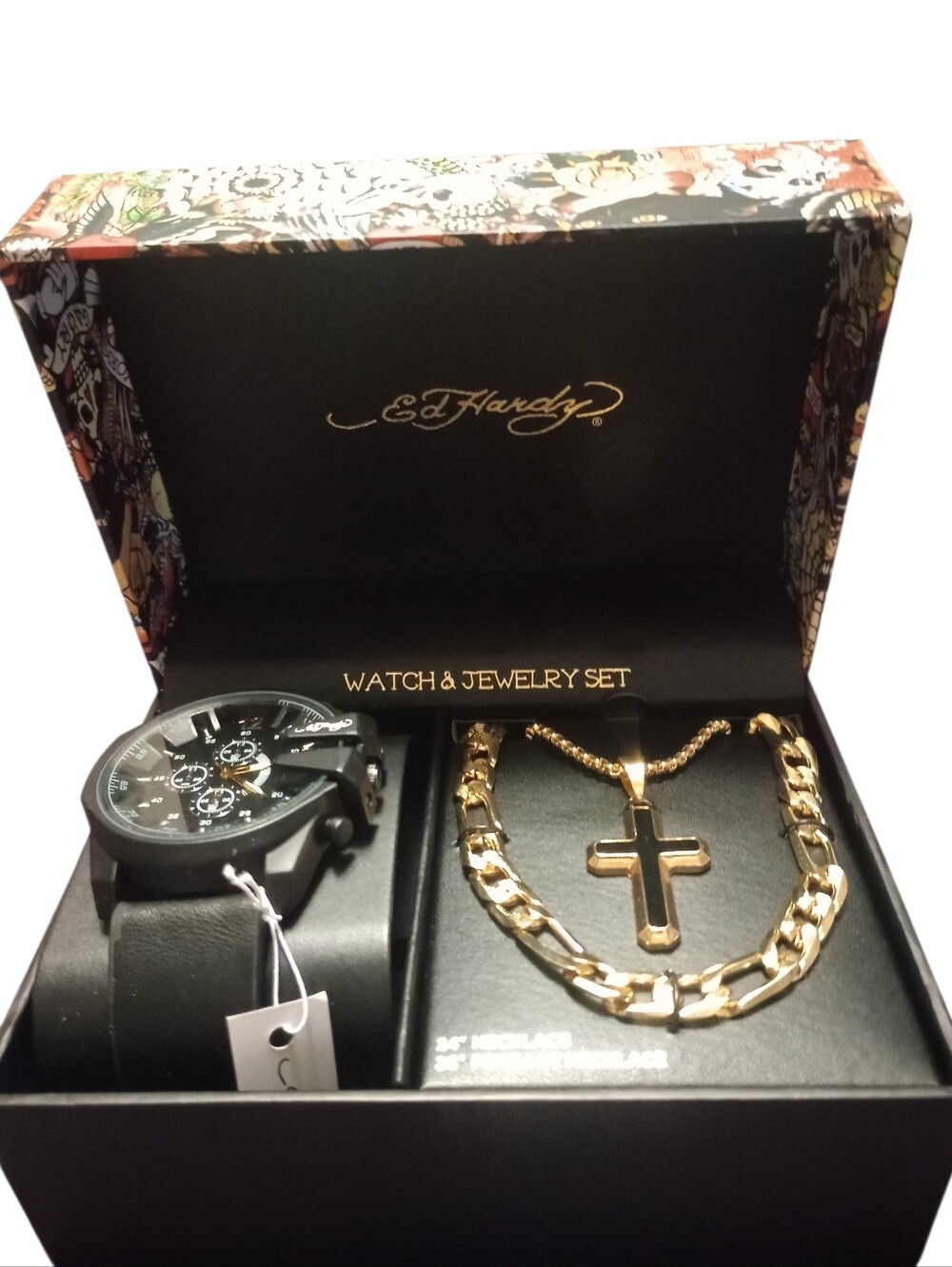Ed Hardy Watch & Jewelry Set Black & Gold Watch and Cross Necklace Set, NWT